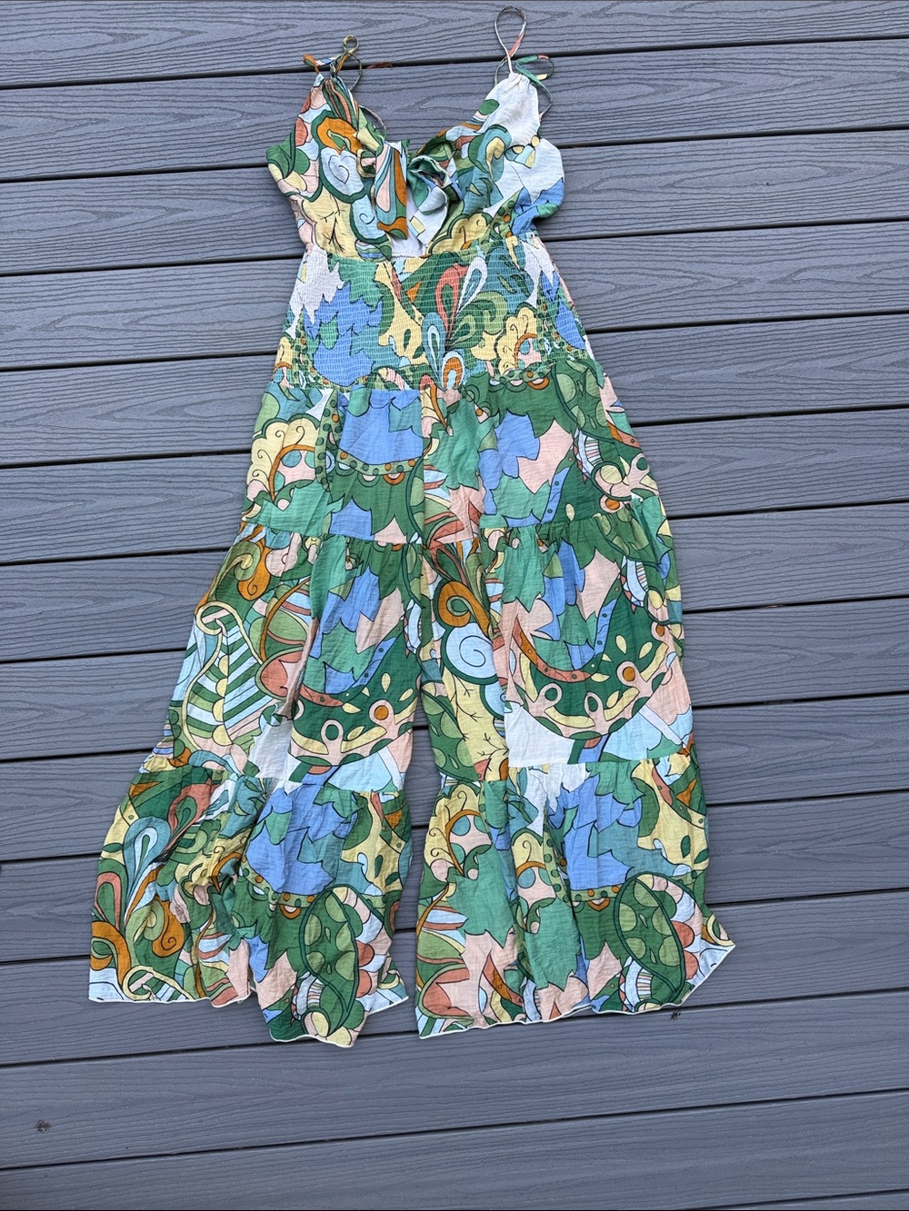 Fashion Nova Green Multi-Print Tiered Wide-Leg Jumpsuit